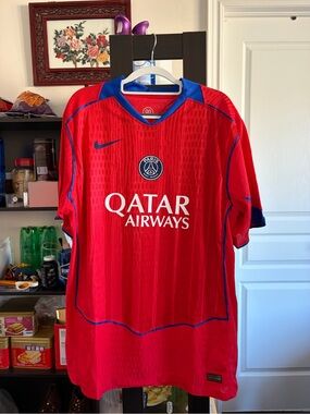 Nike Red PSG Qatar Airways Men's Soccer Jersey with Blue Trim